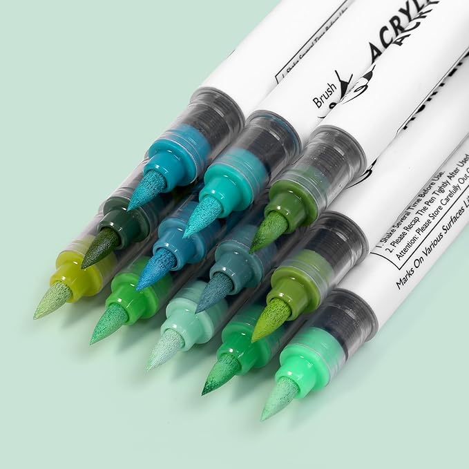 Green Tones Acrylic Paint Pens, 12 Colors Markers Set with Soft Brush & Bullet Tip, for Rock, Painting, Wood, Glass, Ceramic, Canvas, Stone, DIY Crafts, Making Art Supplies, Fabric Paint