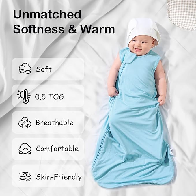 Supersoft Rayon Made from Bamboo Sleep Sack 3-6 Months Newborn Sleep Sack 0-3 Months 0.5 Tog Lightweight Baby Wearable Blanket with 2-Way Zipper Summer Unisex Sleeping Bag for Babies - Blue