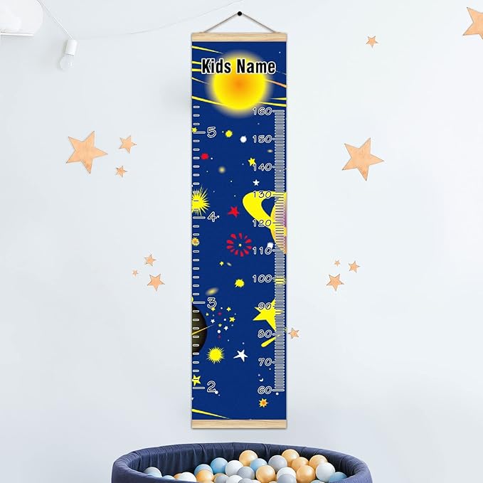Personalized Kids Name Growth Chart Ruler for Wall Wood Frame Height Measure Chart 13.4x56 in Linen Hanging Height Growth Chart Cartoon Planets Star Solar Kids Room Decor