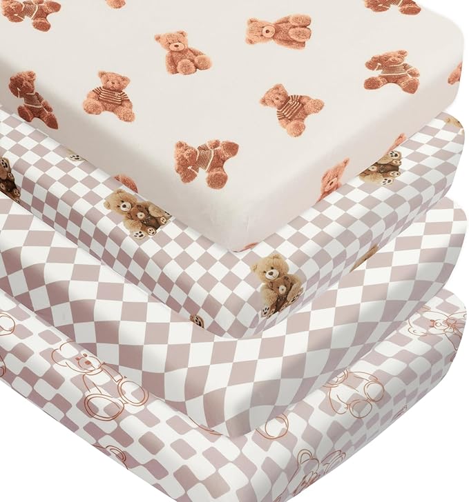 Fitted Baby Neutral Crib Sheets Bear and Buffalo Check Plaid Breathable Unisex Baby Standard Crib Sheet Set for Boys or Girls