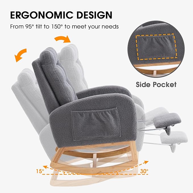 NIOIIKIT Nursery Rocking Chair, Linen Upholstered Glider Chair with Footrest, Tufted Rocker Recliner with Side Pocket, Comfy Recliner Glider, Accent Chair for Living Room (Grey Teddy)