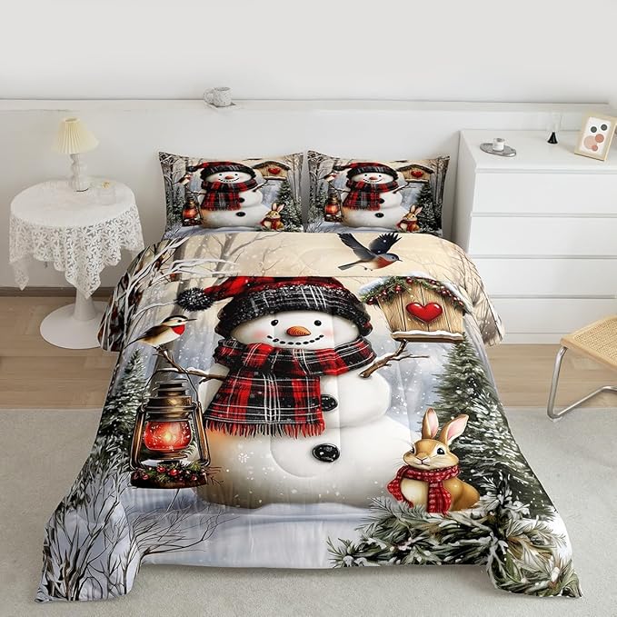 Kawaii Snowman Kids Bedding Set King Size,Rabbit Bird Winter Poinsettia Comforter Set,Pine Tree Xmas Animal Snowflake Quilt Comforter,Gray Green Bedroom Duvet Insert,2 Pillowcases