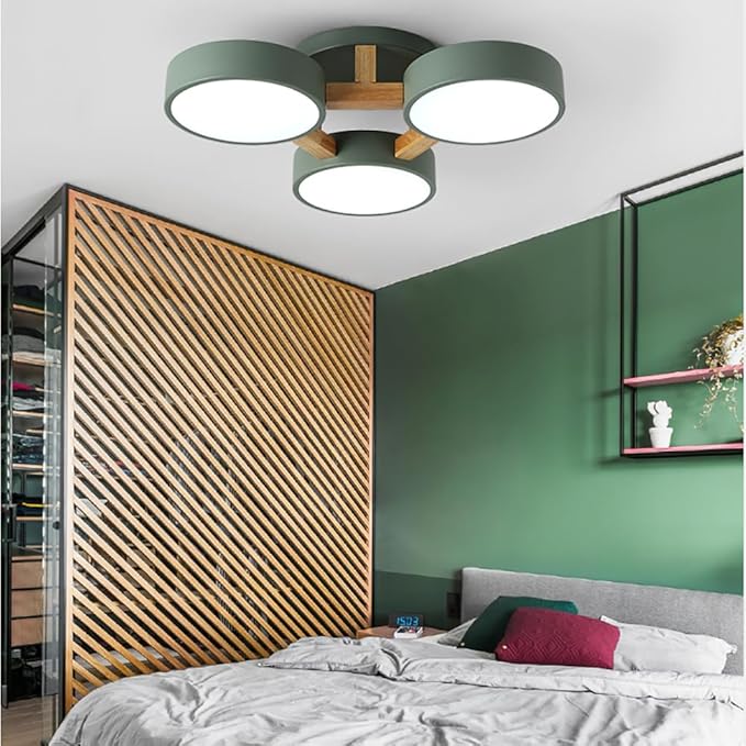 LED Flush Mount Ceiling Light Fixture with 3000K/4000K/6000K Temperatures Selectable,21Inch 33W Chandelier Modern Wood Ceiling Lamp for Bedroom Kitchen, 3-Lights Indoor Lighting Green Pendant Light