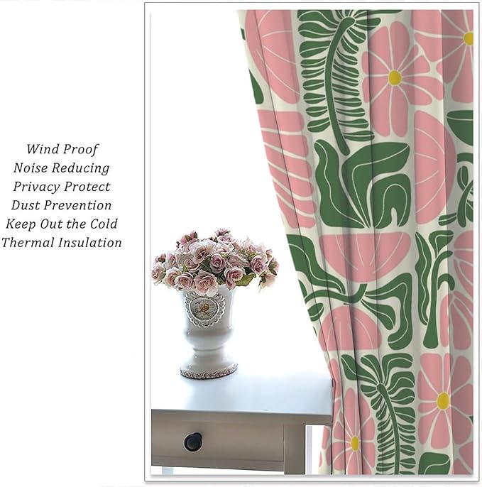 70s Flowers Curtains,Retro Geometric Boho Vintage Botanical Green Pink Flower Curtain for Bedroom Living Room Bathroom Window Curtains,70s Mid Century Flowers Window Treatments 42" W X 45" L