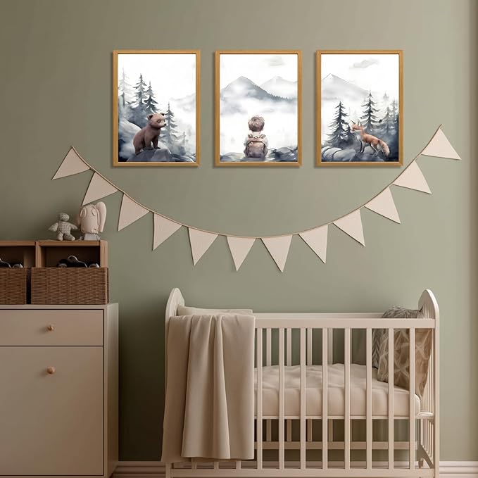 kilamino Neutral Woodland Wild Animal Wall Art, Cute Bear Fox Nursery Wall Decor, Adventure Boy Poster Prints, Vintage Forest Animal Canvas Paintings for Baby Room Playroom Wood Framed 16"x24"x3