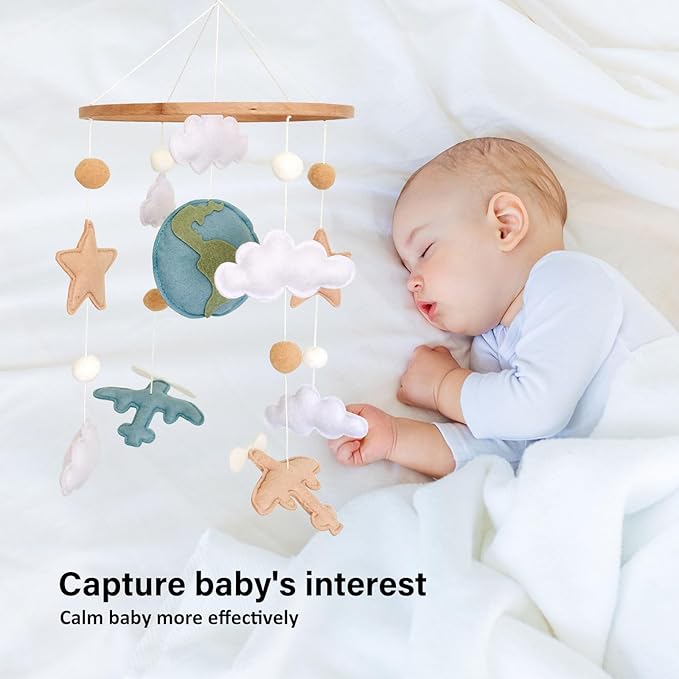 Airplane Baby Crib Mobile, Plane Mobile for Crib, Travel Nursery Decor for Boys, Neutral Vintage Baby Shower Gift, with Clouds, Stars & Globe