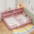 Giantex Full Size Floor Bed for Kids, Wooden Montessori Bed Frame with Bookcase, Storage Shelves & Safety Fence Rails, Floor Beds Full for Girls, Boys, No Box Spring Needed, Without Slats, Pink