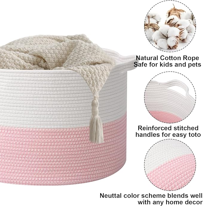 Large Blanket Basket for Organizing,65L Closet Organizers and Storage Bins Box for Shelves Woven Rope Storage Baskets,Living Room,Bedroom,Dorm,Laundry room (White&Pink)