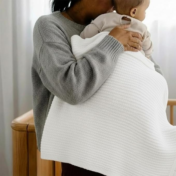 Baby Knit Blanket, 100% Cotton Waffle Patterns, Soft, Cozy, Lightweight Swaddle for Newborn & Infant Swaddling Beige Neutral, Perfect Baby Shower Ideas White 30x30