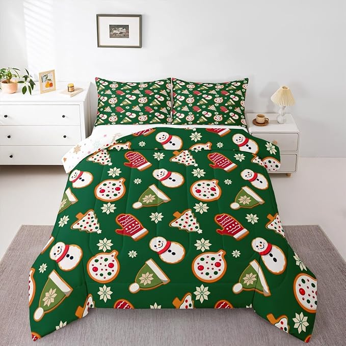 Feelyou Merry Christmas Comforter Set Queen Size Snowman Bedding Set for Kids Boys Girls Gloves Cookies Duvet Quilt Snowflake Bedroom Decor Microfiber 3 Pcs with 2 Pillow Cases