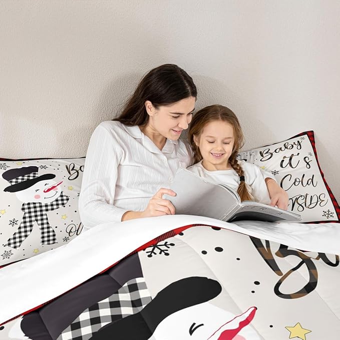 Kids Christmas Snowman Comforter Set Queen Size,Snowflake Winter Bedding Set,Girls Boys Adults Xmas Decor,Geometric Grids Lattices Patch Down Comforter,Red Rustic Vintage Duvet Insert,2 Pillowcases