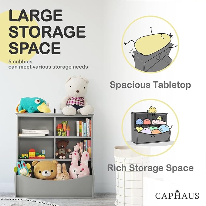 CAPHAUS Kids' Toy Storage Organizer, Open Storage Cubby, Multifunctional Book, Toy Storage Cabinet, Book, Shelf for Nursery, Playroom, Closet, Home Organization Toy Bookcase, E. White-33'' Height