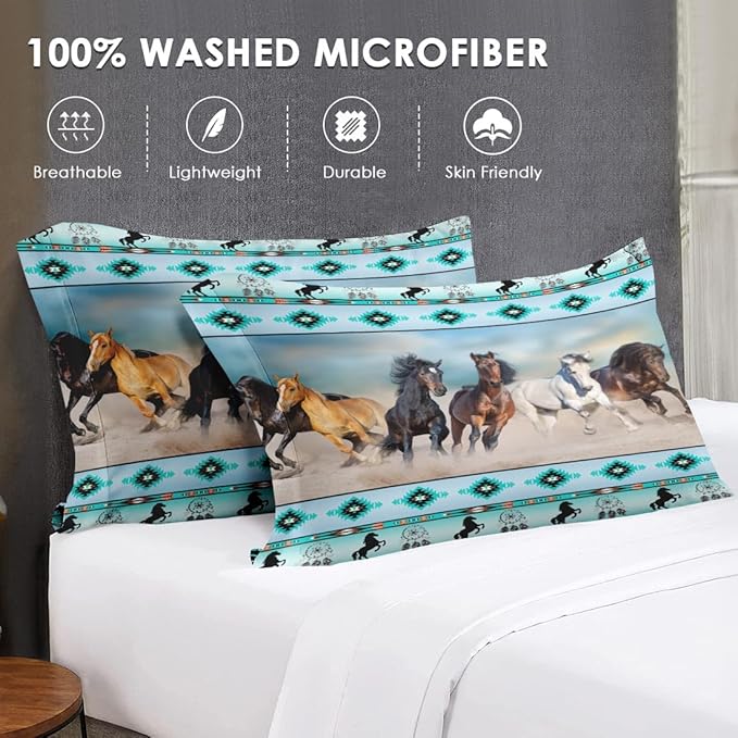 7 Pcs Queen Size Comforter Set with 2 Pillowcases & 2 Shams, Horses Western Bedding for Kids and Adults, Tribal Sunset Run Bed in a Bag with Flat Fitted Sheet