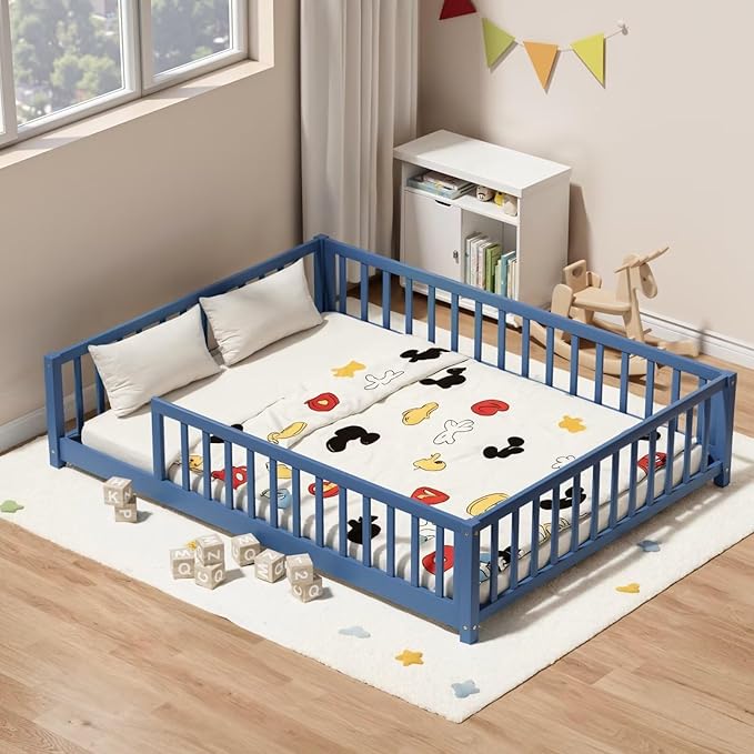 LLS Full Floor Bed for Kids Toddlers, Solid Wood Multifunctional Montessori Bed Frame with Safety Guardrails, Without Door, Easy Assemble, Mist Blue