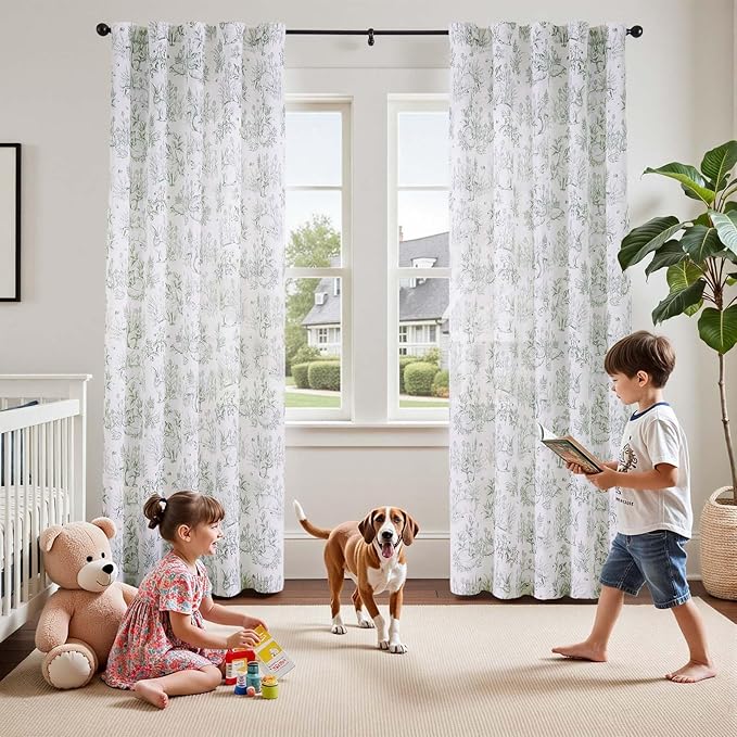 jinchan Linen Nursery Curtains 90 inch Long Woodland Wildlife Sage Green Print Drapes for Kid's Room Light Filtering French Country Farmhouse Curtains with Bunny and Forest Design Set of 2 Panels