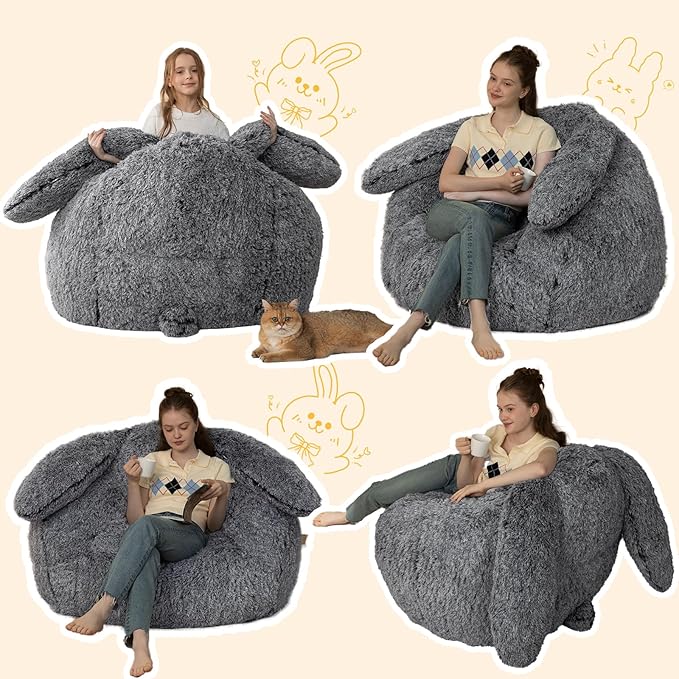 Bean Bag Chair for Adults Kids Giant Fluffy Plush Bean Bag Sofa with Filler Faux Fur Rabbit Shaped Beanbag Chairs Comfy Accent Floor Couch for Gaming, Reading in Bedroom, Living Room, Dorm