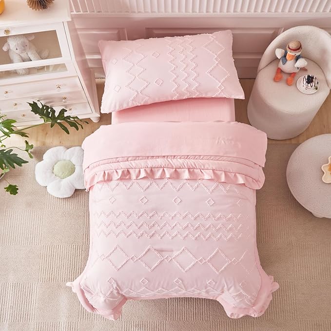 AIKASY Toddler Bedding Set 4 Pieces Super Soft Comforter Set, Shabby Boho Bohemian Design for Boys and Girls（Ruffle Fringe Comforter, Flat Sheet, Fitted Sheet and Pillowcase）- Coral Pink