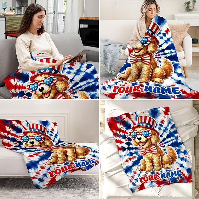 Personalized Dog Blanket for Girls - 60" x 80" Inches Golden Retriever Throw for Adult, Women - American Flag Blankets for Bed, Living Room
