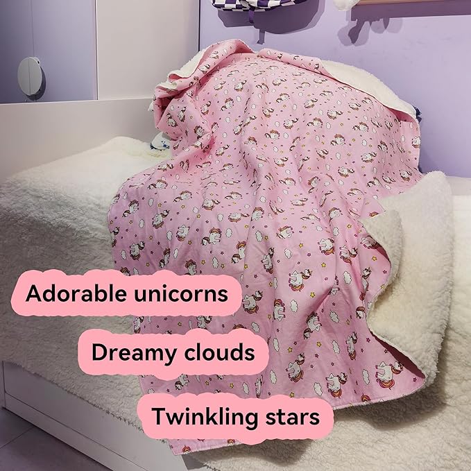 Kids Sherpa Throw Blanket – Soft Cotton & Warm Sherpa Toddler Blanket, Pink Unicorn & Clouds Pattern, Plush Winter Bed Throw, 40 x 60 inches