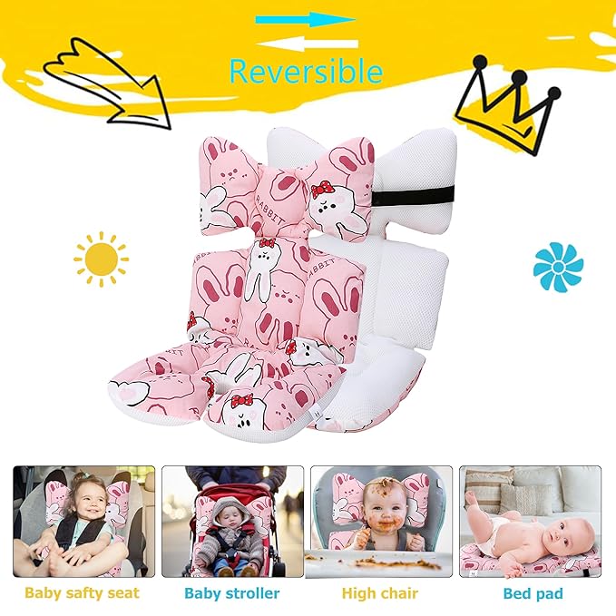 Baby Stroller Cushion, Universal Baby Seat Pad Liner for Stroller Reversible Soft and Breathable 3D Air Mesh Cotton Baby Stroller Seat Liner (Bunny)