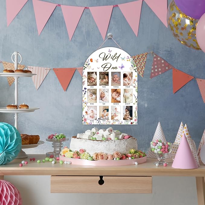Wild One My First Year Photo Board, Wildflower Baby Milestone Signs for Boys Girls Nursery Decor, 12 Month Wooden Picture Board for 2x3 Photos, Best Babies Keepsake Gifts-A19