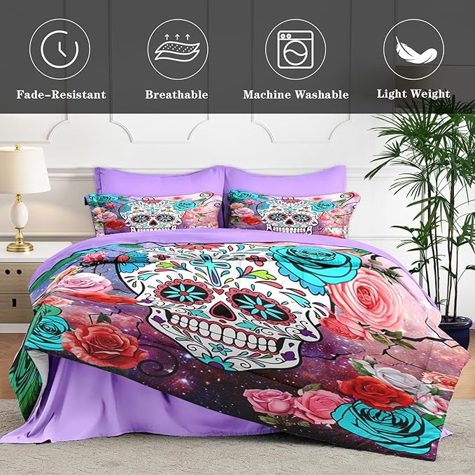 7 Pcs King Size Comforter Set with 2 Pillowcases & 2 Shams, Sugar Galaxy Bedding for Kids and Adults, Vintage Skeleton Flower Bed in a Bag with Flat Fitted Sheet