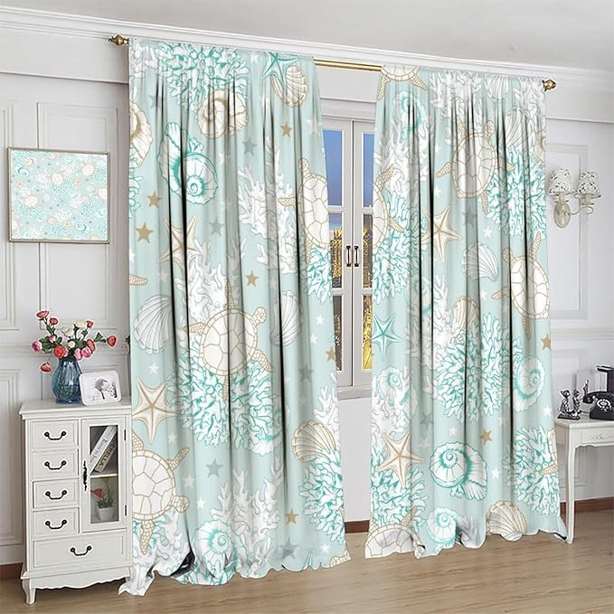 Nautical Curtains,Seagorses Coral Starfish Reef Seashell Beach Sea Seashell Pattern Blackout Print Home Bedroom Living Room Window Treatmen 2 Panel Set 63x72 Inch