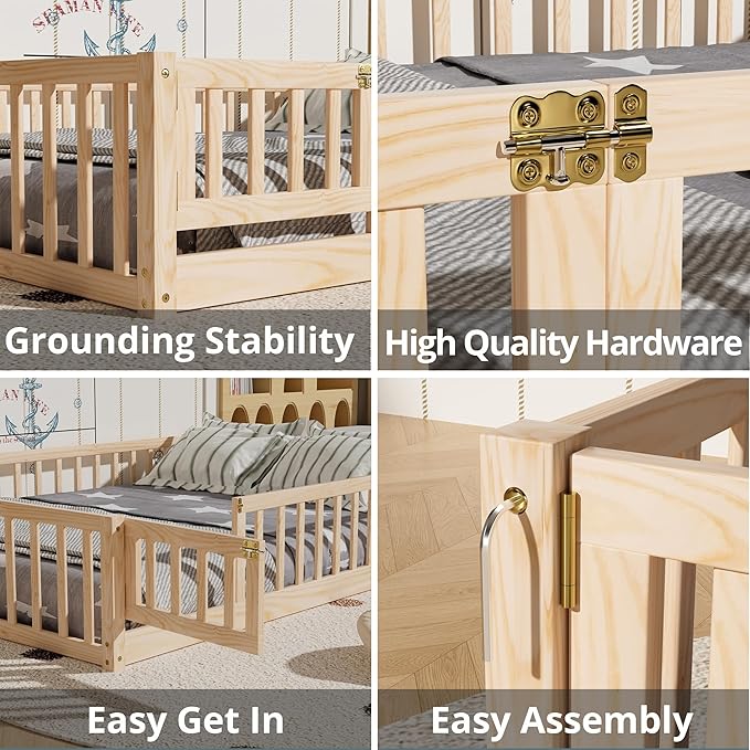 i-POOK Full Floor Bed for Children, Sturdy Wood Montessori Bed Frame with Wood Slats, Fence & Door, Montessori Floor Bed for Girls and Boys, Natural (with Bed Slats)