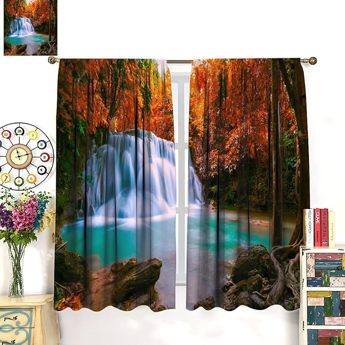 Autumn Forest Waterfall Blackout Curtains, Fall Leaves Trees Jungle Country Nature Landscape Window Drapes, for Bedroom Living Room 42" W X 54" L