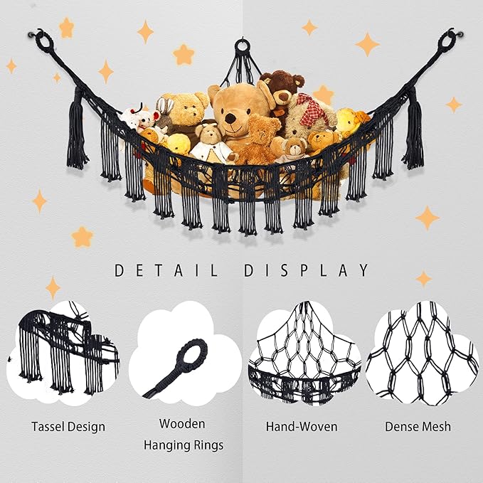 Stuffed Animal Hammock with LED Light, Large Stuffed Animals Storage Corner Plushie Net for Kids Room Decor, Black