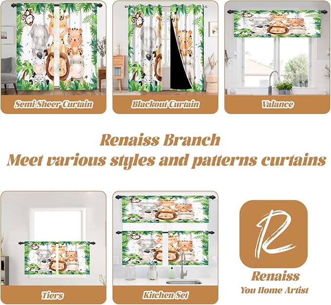 Renaiss 42 x 45 Inch Safari Animal Curtains for Kids Tropical Rainforest Lions Tigers Elephants Giraffes African Jungle Tree Green Leaf Print Window Drapes for Nursery Baby Bedroom Playroom 2 Panels