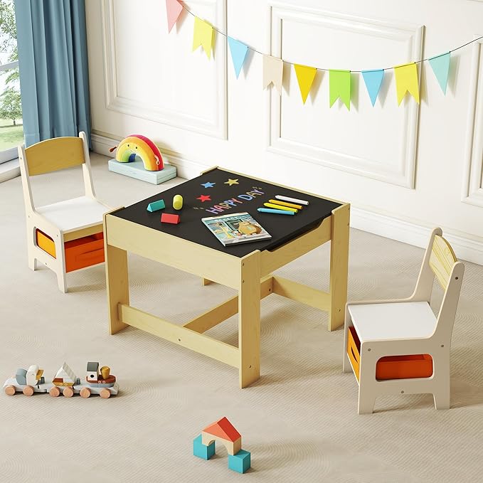 Kids Table and Chair Set, 3 in 1 Wooden Activity Table with Detachable Tabletop, Toddler Table and Chair Set with Storage Drawer, Kids Play Table for Children Art, Craft, Eating, Learning