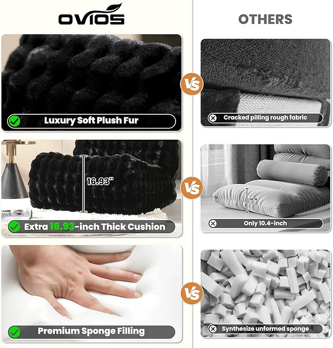 ovios Bean Bag Chair for Adult, Giant Beanbag with Plush Faux Fur, Comfy Large Big Lounger Floor Lazy Chair for Indoor Fireside Living Room Bedroom Dorm, Black