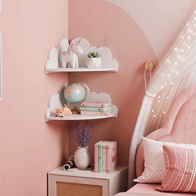 Cute Cloud Floating Corner Shelves - 2-Tier Cloud Corner Shelf Wall Mounted for Kid’s Room, Nursery Wall Decor, Small Cute Display Shelves for Toys, Plants & Storage