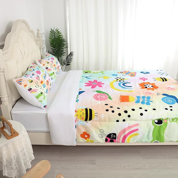 Rainbow Comforter Sets Twin Size Cartoon Floral Frogs Bedding Set for Girls Kids Children Boys Butterfly Flowers Bees Insects Cute Kawaii Quilt 1 Comforter + 1 Pillow Case