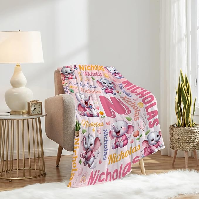 Personalized Custom Pink Elephant Preschool Blanket Gifts for Baby Toddler Kids Boys Girls - Customized Pink Elephant Super Soft Flannel Sheets Decor for Crib Nap Couch - 40"x50" for Kids/Children