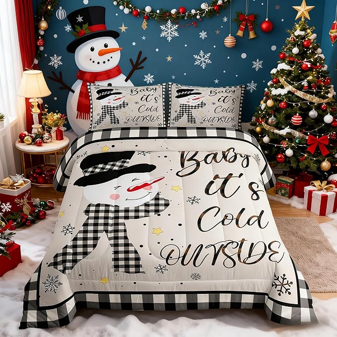 Kids Christmas Snowman Comforter Set Twin Size,Snowflake Winter Bedding,Girls Boys Adults Bedroom/Xmas Cabin Decor,Geometric Grids Lattice Down Comforter,Rustic Vintage Duvet Insert,1 Pillowcase