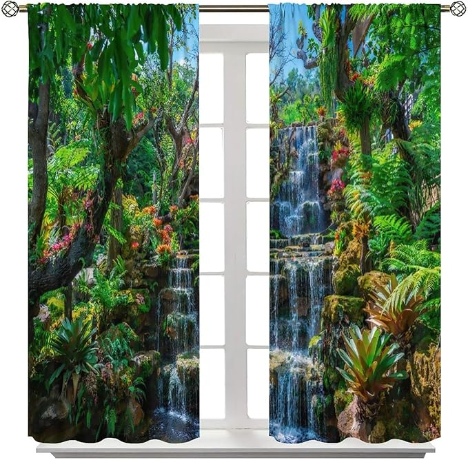 Waterfall Blackout Window Curtains, Spring Forest Nature Landscape Theme Pattern Print Window Drapes, for Living Room Bedroom 42x63in 2 Panels