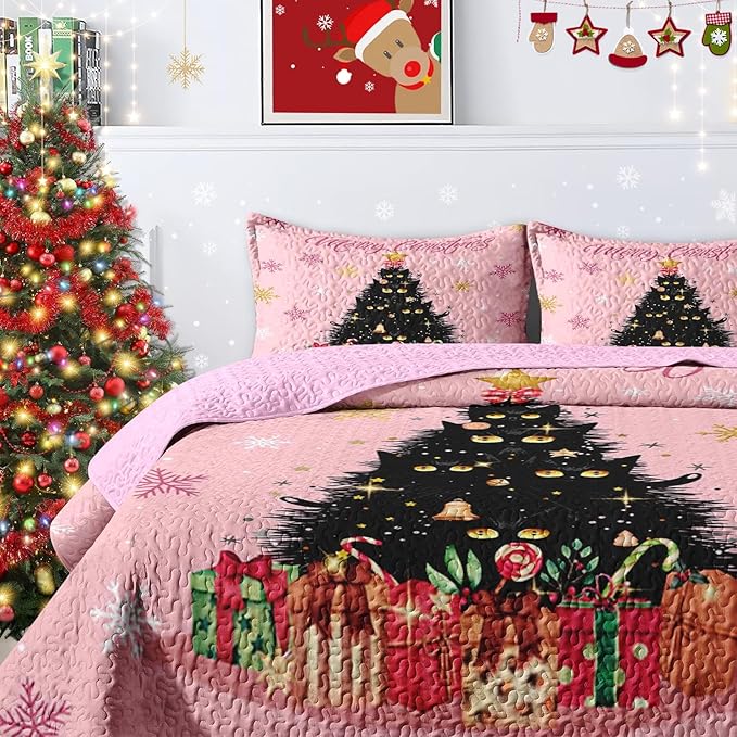 Christmas Full/Queen Size Quilt Set, Black Cat Xmas Trees Lightweight Bedspread Coverlet with Pillow Shams for Kids and Adults, Pink Snowflakes 3 Pcs Bedding Bed Cover