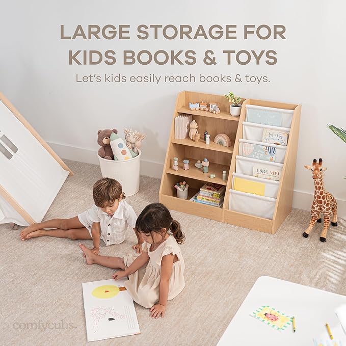 Comfy Cubs Kids Bookshelf 35.2 x 15.7 x 31.5 Inches - Sturdy MDF Montessori Book Shelf with Soft & Hard Shelves for Toys & Books - Child-Friendly, Easy Access Storage Organizer for Kids - Wood