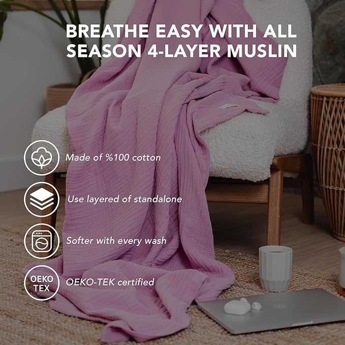 Goqan Muslin Blanket Twin 55x79 – 100% Cotton 4 Layer Boho Muslin Blanket for Adults, Lightweight, Soft, Breathable, for Bed, Couch - Pink