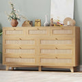 AOGLLATI Rattan Dresser for Bedroom with 9 Drawer, Modern Wooden Long Bedroom Dresser, Chest of Drawers with Metal Handle & Solid Wood Legs for Bedroom/Living Room, Wood