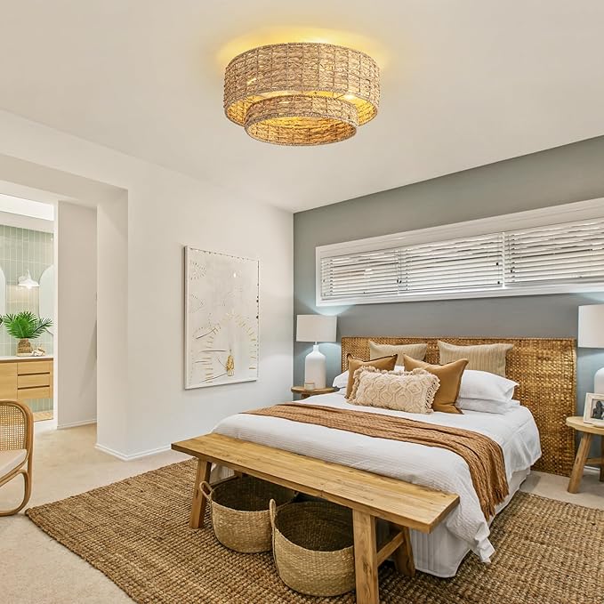 Boho Caged Ceiling Fans with Lights Flush Mount,Layered Rattan Ceiling Fan with Light Remote Control,Reversible 6 Speeds for Bedroom,Nursery,Living Room