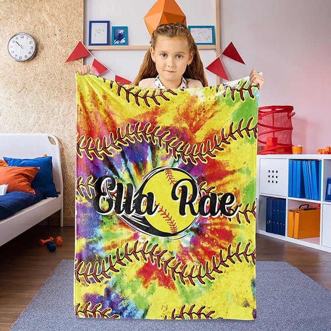 Personalized Softball Kids Blanket with Name and Number - Custom Sport Bed Blankets Gift for 0-3 Months Baby Essential - Super Warm and Comfortable 50x60inch