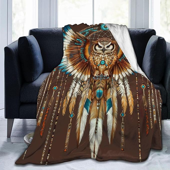 Owl Blanket Native American Decor Throw Blanket Super Soft Flannel Lightweight Fluffy Plush Fuzzy Fleece Indian Blanket Gifts for Girl Woman Adults Man Boys Kids Baby for Bed Sofa 40"X50"