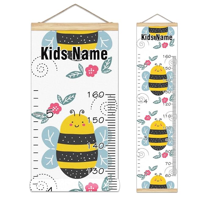Personalized Kids Name Growth Chart Ruler for Wall Wood Frame Height Measure Chart 13.4x56 in Linen Hanging Height Growth Chart Cute Cartoon Bee Red Floral Kids Room Decor