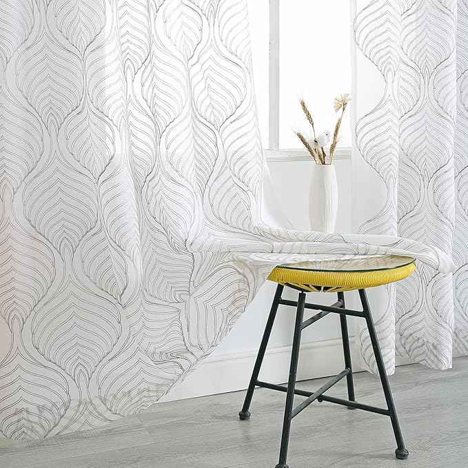 VISIONTEX Sheer Curtains 72 Inches Long 2 Panels Set Grey Moroccan Embroidery Texture Geometric Rod Pocket Ivory White Voile Tulle Semi Window Treatment Pair for Bedroom Living Room 54 x 72 Inches