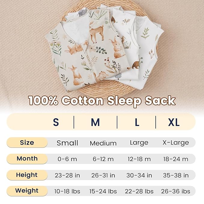 PHF Soft Baby Sleep Sack 18-24 Months 100% Organic Cotton Wearable Blanket, 2-Way Zipper 0.5 TOG Toddler Sleeping Sack 3 Pack, Comfy Sleep Bag for Baby Boys Girls, Woodland (X-Large)