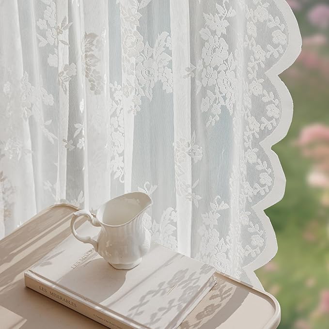 Anmao Vintage Lace Curtains 96 Inches Long 2 Panels, Romantic Elegant Light Filtering Semi Sheer Floral Thick Lacy Curtain Drapes for Living Room and Bedroom, Each Panel 55W x 96L, White Rose