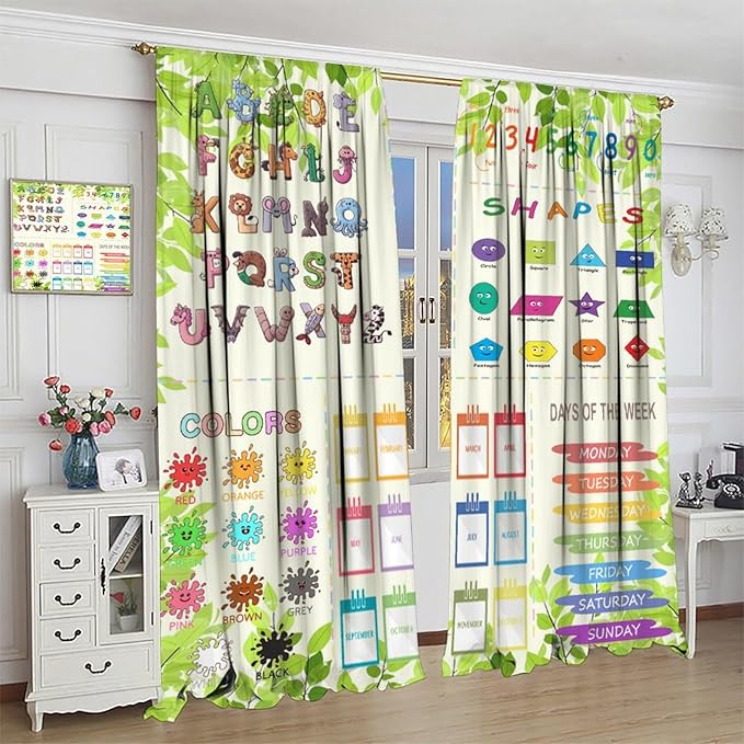 Kids Alphabet Curtain Cartoon Animal Nursery Rustic Leaves Plant Funny School Education Learning Tools Printed Rod Pocket Blackout Window Drapes for Bedroom Living Room 63" W X 72" L